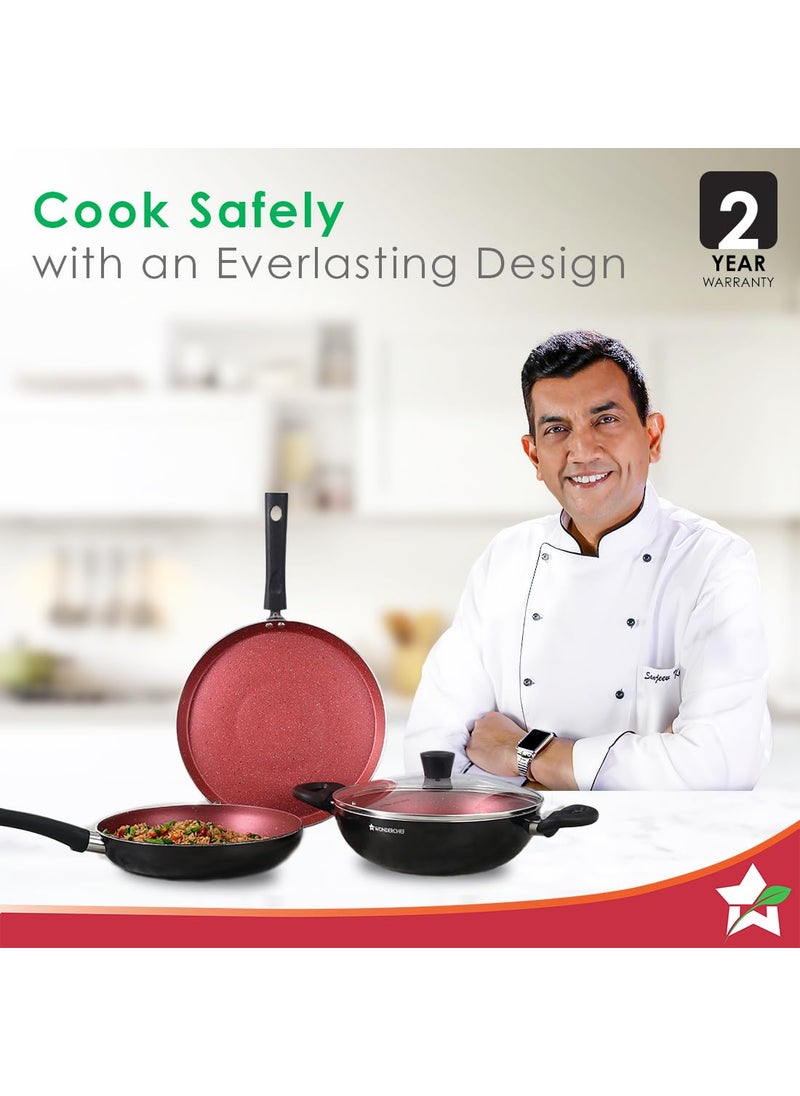Wonderchef Galaxy Cookware 4 Piece Set | Kadhai with Lid, Fry Pan, Dosa Tawa | Induction Friendly | Cool Touch Bakelite Handles | Pure Grade Aluminium| PFOA Free| 2 Years Warranty | Brick Red