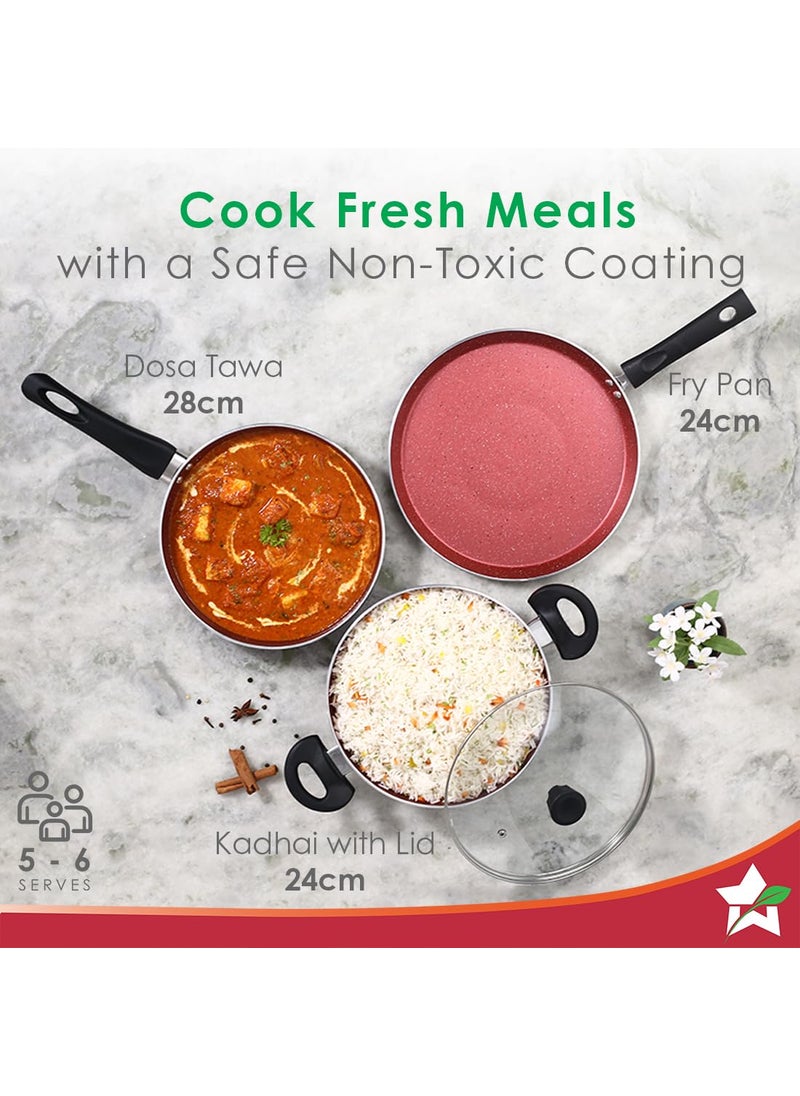 Wonderchef Galaxy Cookware 4 Piece Set | Kadhai with Lid, Fry Pan, Dosa Tawa | Induction Friendly | Cool Touch Bakelite Handles | Pure Grade Aluminium| PFOA Free| 2 Years Warranty | Brick Red