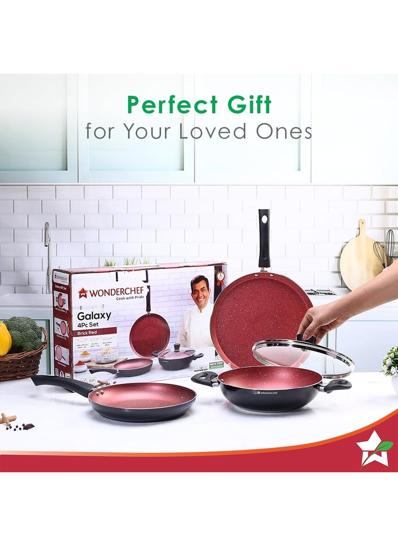 Wonderchef Galaxy Cookware 4 Piece Set | Kadhai with Lid, Fry Pan, Dosa Tawa | Induction Friendly | Cool Touch Bakelite Handles | Pure Grade Aluminium| PFOA Free| 2 Years Warranty | Brick Red
