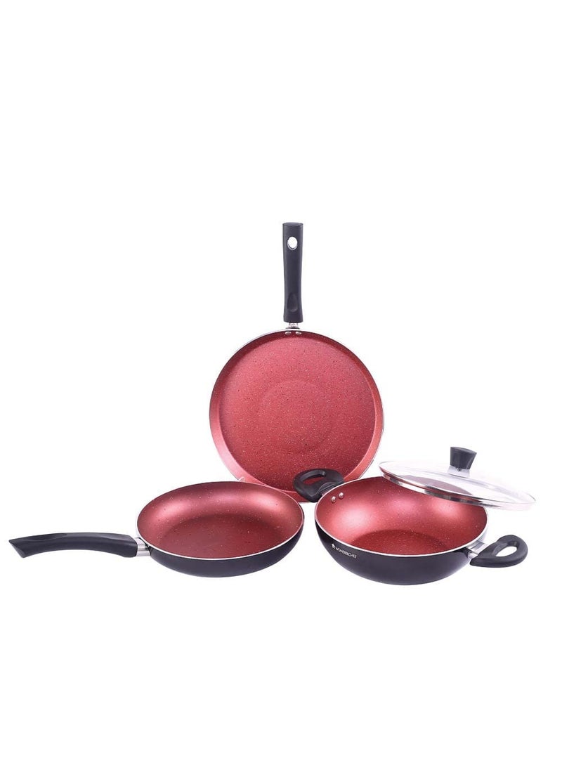 Wonderchef Galaxy Cookware 4 Piece Set | Kadhai with Lid, Fry Pan, Dosa Tawa | Induction Friendly | Cool Touch Bakelite Handles | Pure Grade Aluminium| PFOA Free| 2 Years Warranty | Brick Red