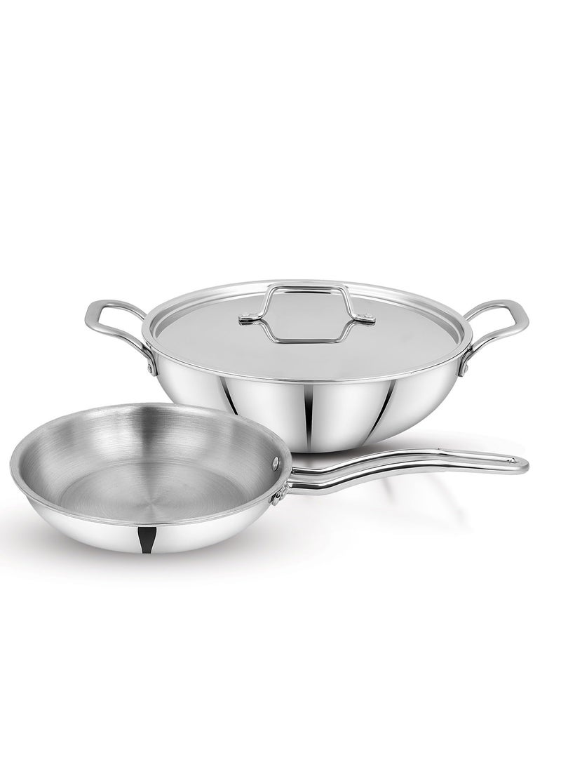 Pigeon TriSteel Triply 3 Pc Stainless Steel Cookware Set - Kadai (20cm) with lid | Fry pan(20cm) | Induction & Gas Stove Compatible