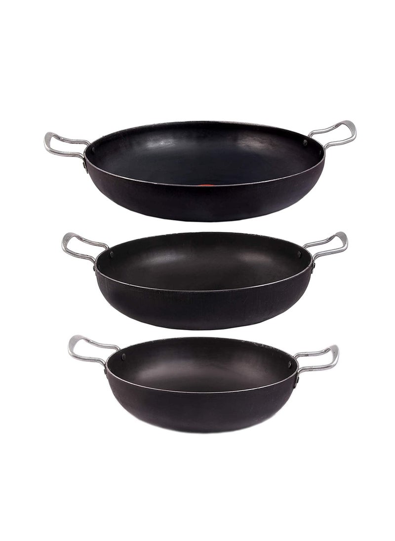 shri gaurangi Iron 3 PES cookware Set Kadhai Combo deep Bottom Frying Pan Cooking Multipurpose Use Kadai Heavy Base with Handle Black Color Induction Friendly 8 in 10 in 11 in 8 Liter