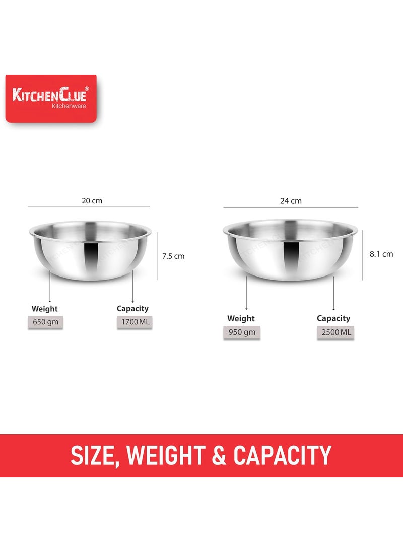 KITCHEN CLUE Triply Stainless Steel Tasla Set of 2 Pcs (20cm, 24cm) Heavy Bottom Induction Friendly, Ideal for Mixing, Cooking – Steel Kadai Without Lid