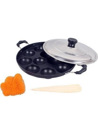 Bahurani Non-Stick Aluminium Pots and Pans Cooking Utensil Combo Set|0.7Liter| | Non Stick Appam Patra with Lid Black