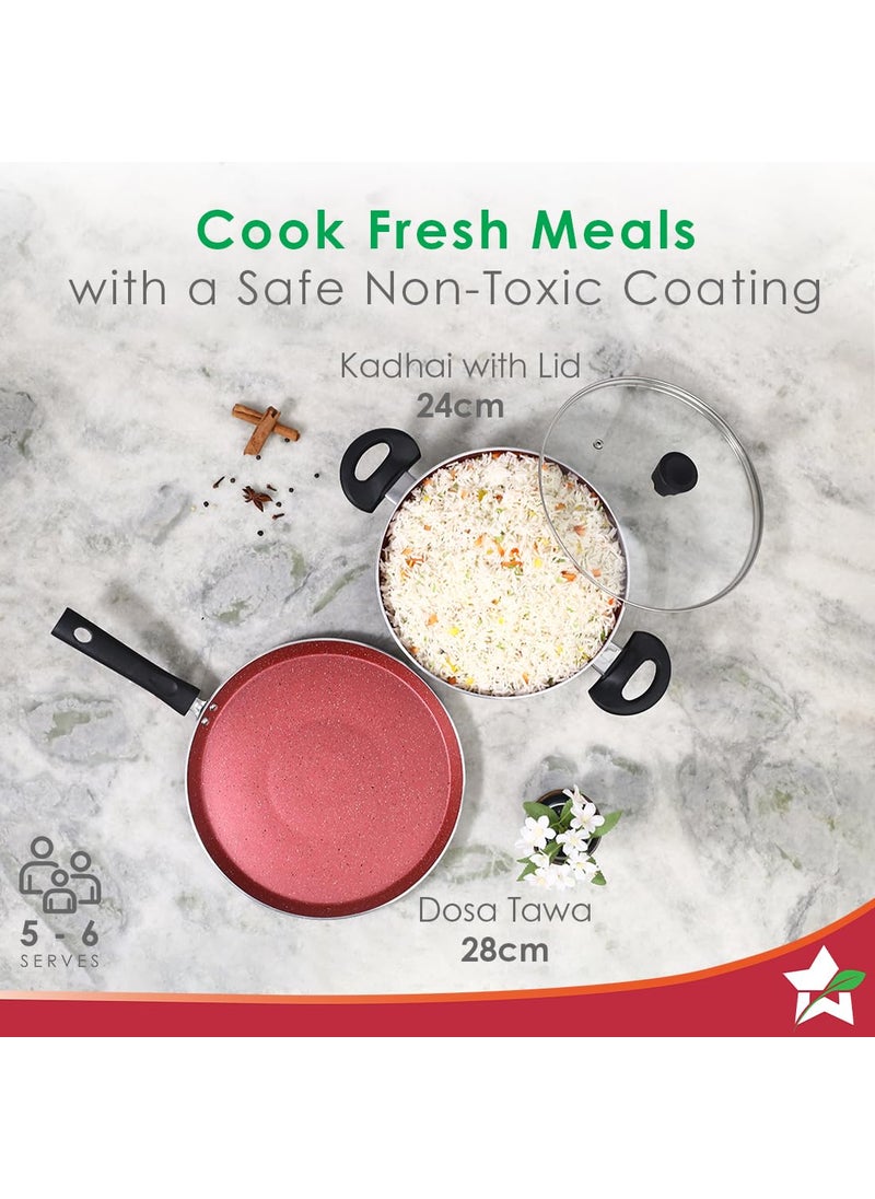 Wonderchef Galaxy 3pcs Cookware Set | Kadhai with Lid and Dosa Tawa | Induction Friendly | Cool Touch Bakelite Handles | Pure Grade Aluminium| PFOA Free| 2 Years Warranty | Red & Black