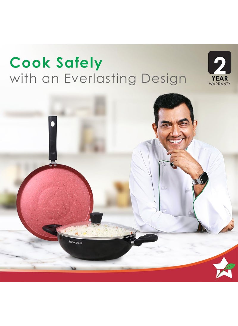 Wonderchef Galaxy 3pcs Cookware Set | Kadhai with Lid and Dosa Tawa | Induction Friendly | Cool Touch Bakelite Handles | Pure Grade Aluminium| PFOA Free| 2 Years Warranty | Red & Black