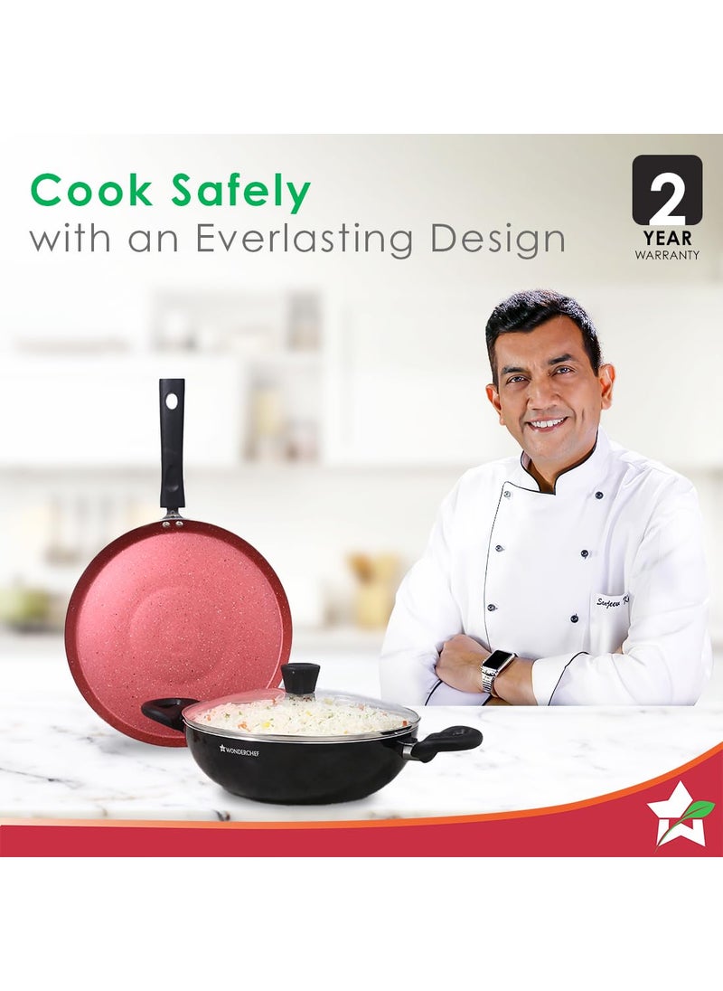 Wonderchef Galaxy 3pcs Cookware Set | Kadhai with Lid and Dosa Tawa | Induction Friendly | Cool Touch Bakelite Handles | Pure Grade Aluminium| PFOA Free| 2 Years Warranty | Red & Black