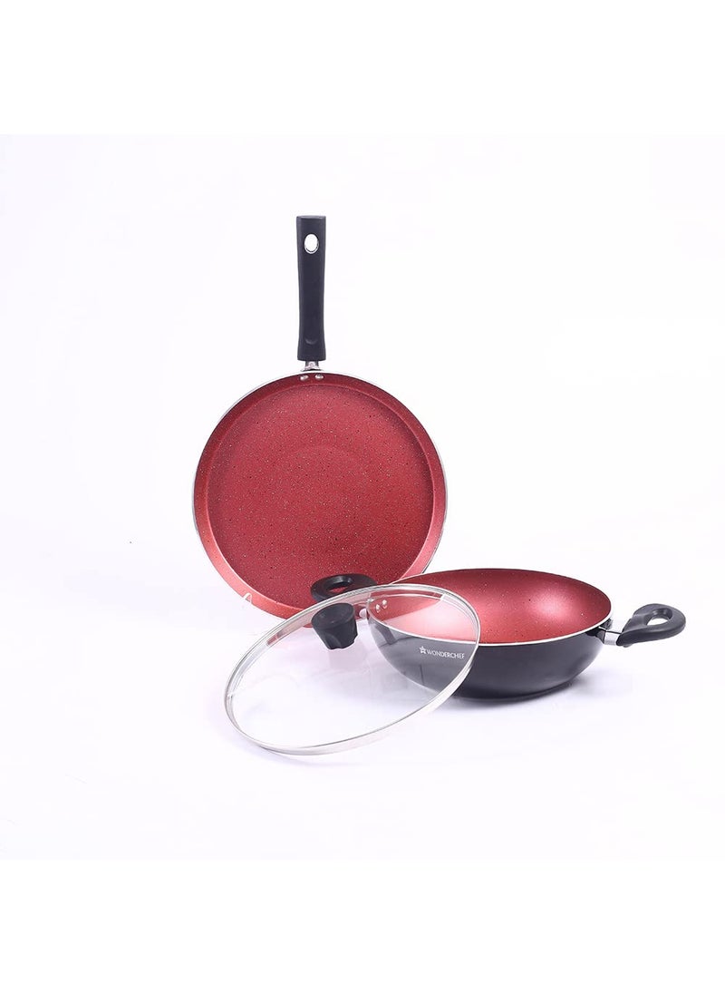 Wonderchef Galaxy 3pcs Cookware Set | Kadhai with Lid and Dosa Tawa | Induction Friendly | Cool Touch Bakelite Handles | Pure Grade Aluminium| PFOA Free| 2 Years Warranty | Red & Black