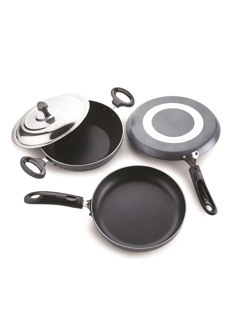 Crystal Non-Stick Cookware Set, 4 Pcs|Flat Tawa 280 mm|Kadai 240 mm with Steel Lid|Fry Pan 240 mm|3 mm Thickness|3 Layer Non Stick Coating|Metal Spoon Friendly|PFOA Free|Hammered Tone Finish