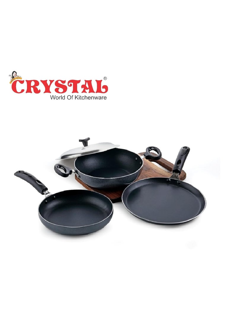 Crystal Non-Stick Cookware Set, 4 Pcs|Flat Tawa 280 mm|Kadai 240 mm with Steel Lid|Fry Pan 240 mm|3 mm Thickness|3 Layer Non Stick Coating|Metal Spoon Friendly|PFOA Free|Hammered Tone Finish