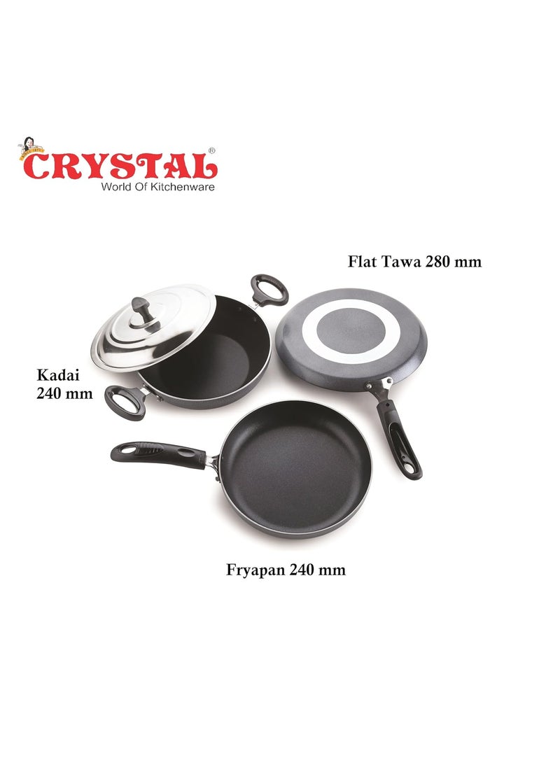 Crystal Non-Stick Cookware Set, 4 Pcs|Flat Tawa 280 mm|Kadai 240 mm with Steel Lid|Fry Pan 240 mm|3 mm Thickness|3 Layer Non Stick Coating|Metal Spoon Friendly|PFOA Free|Hammered Tone Finish