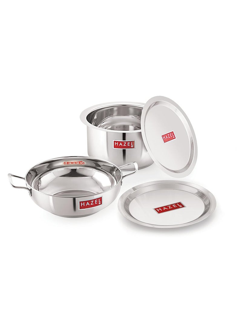 HAZEL Induction Base Cookware Set | Small Stainless Steel Induction Bottom Cookware Bartan Combo for Cooking (Kadhai, Tope, 2 Steel Lid Cover) 4 Pieces