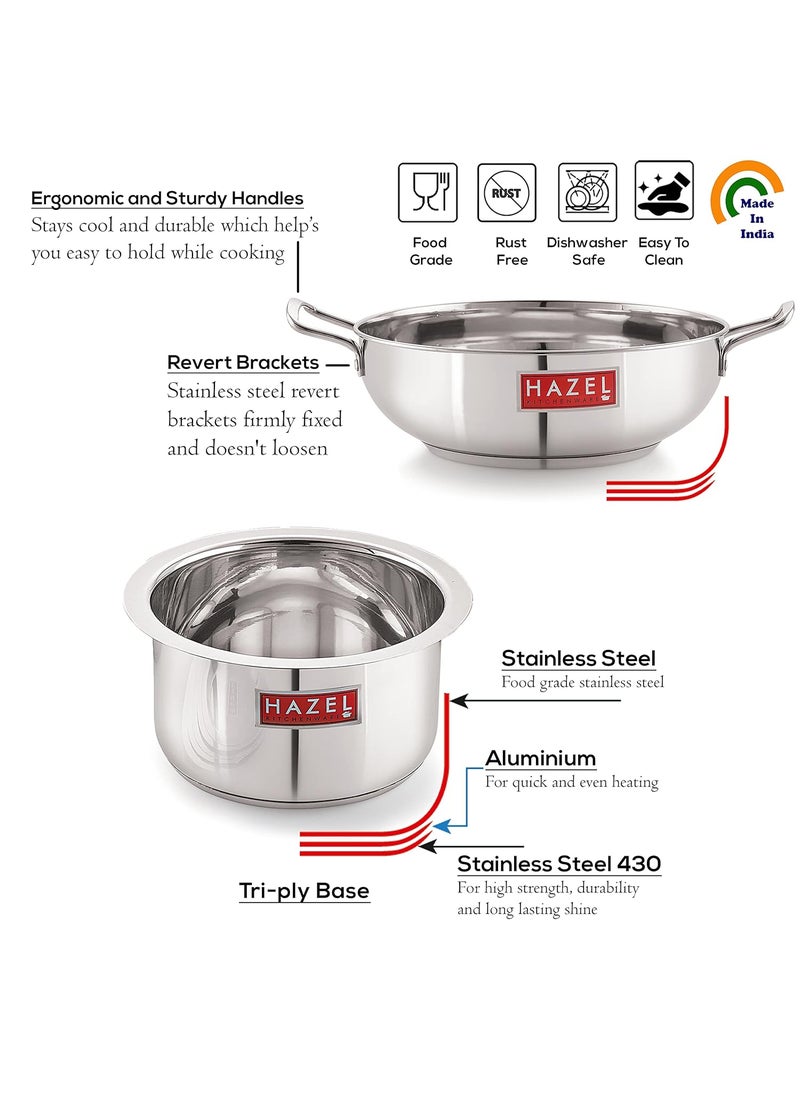 HAZEL Induction Base Cookware Set | Small Stainless Steel Induction Bottom Cookware Bartan Combo for Cooking (Kadhai, Tope, 2 Steel Lid Cover) 4 Pieces