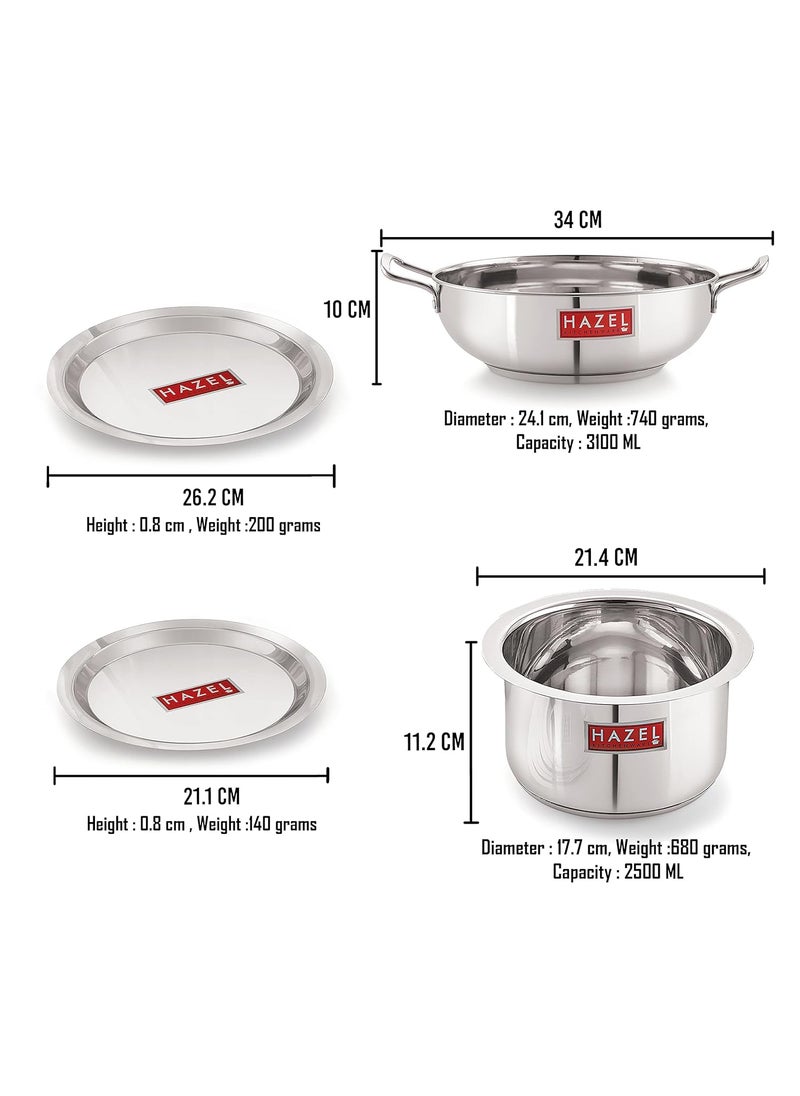 HAZEL Induction Base Cookware Set | Small Stainless Steel Induction Bottom Cookware Bartan Combo for Cooking (Kadhai, Tope, 2 Steel Lid Cover) 4 Pieces