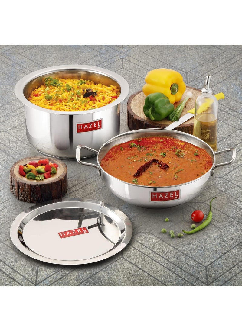 HAZEL Induction Base Cookware Set | Small Stainless Steel Induction Bottom Cookware Bartan Combo for Cooking (Kadhai, Tope, 2 Steel Lid Cover) 4 Pieces
