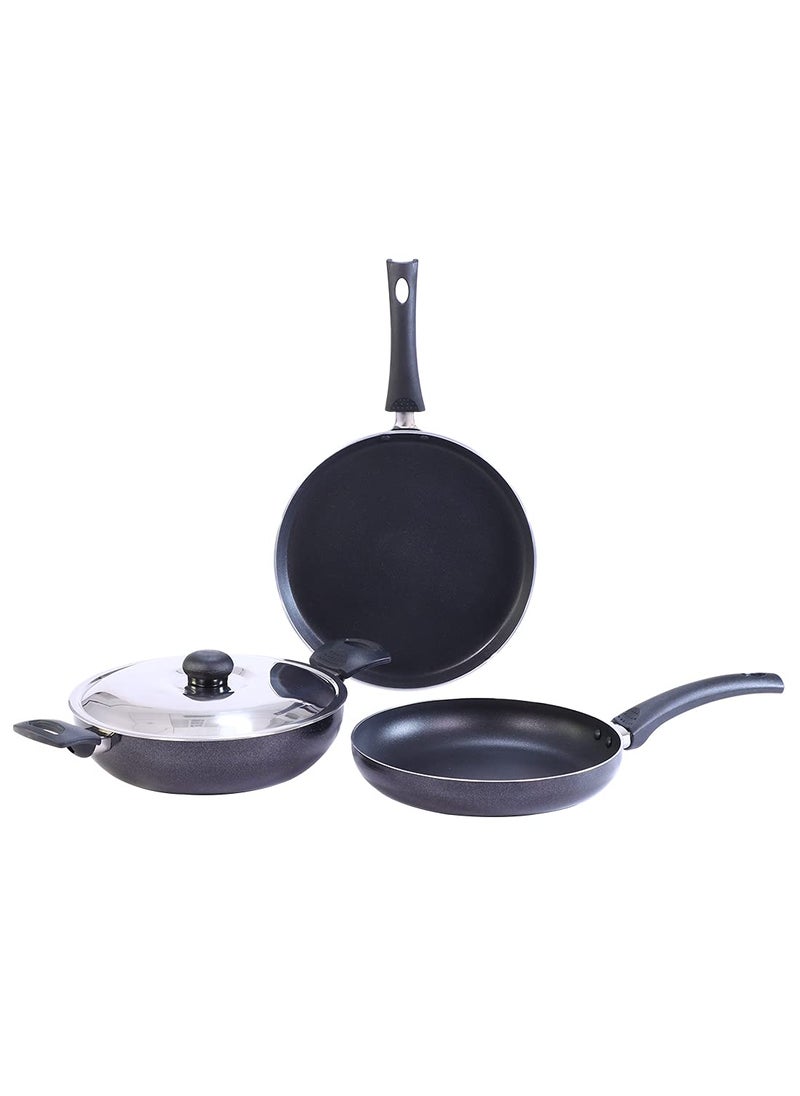 Wonderchef Platinum Plus Non-Stick Cookware Set Of 4|Kadhai With Glass Lid 24Cm,Fry Pan 24Cm&Dosa Tawa 25Cm|Cool-Touch Bakelite Handle|Pure Grade Aluminium|Pfoa Free|1 Year Warranty|Black