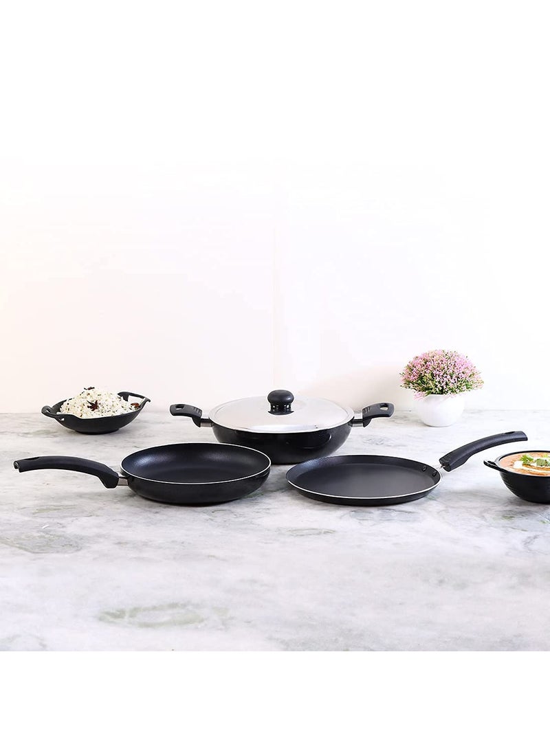 Wonderchef Platinum Plus Non-Stick Cookware Set Of 4|Kadhai With Glass Lid 24Cm,Fry Pan 24Cm&Dosa Tawa 25Cm|Cool-Touch Bakelite Handle|Pure Grade Aluminium|Pfoa Free|1 Year Warranty|Black