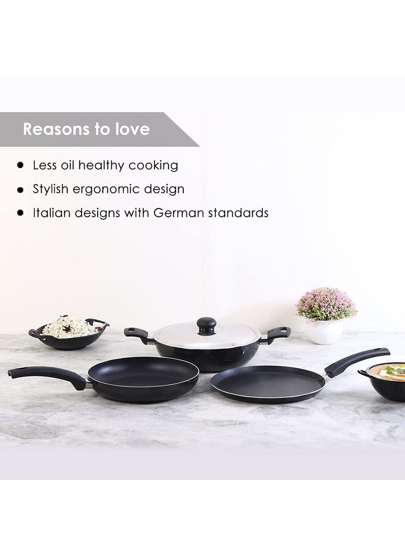 Wonderchef Platinum Plus Non-Stick Cookware Set Of 4|Kadhai With Glass Lid 24Cm,Fry Pan 24Cm&Dosa Tawa 25Cm|Cool-Touch Bakelite Handle|Pure Grade Aluminium|Pfoa Free|1 Year Warranty|Black