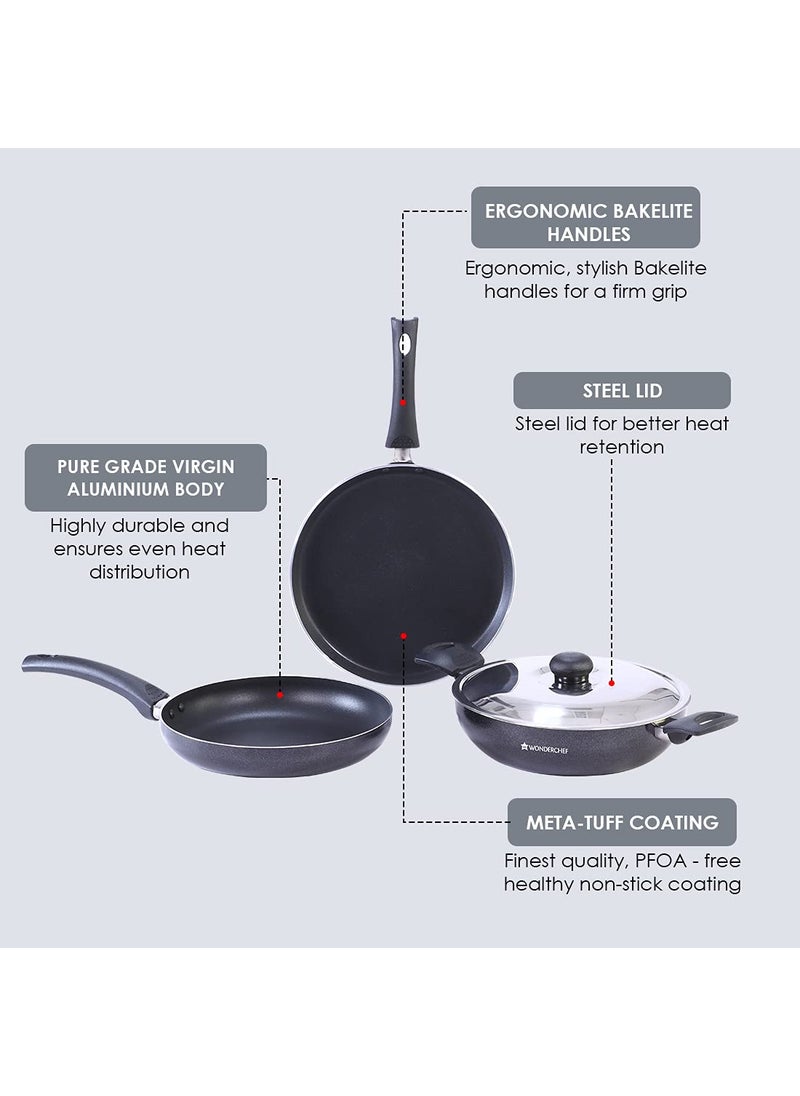 Wonderchef Platinum Plus Non-Stick Cookware Set Of 4|Kadhai With Glass Lid 24Cm,Fry Pan 24Cm&Dosa Tawa 25Cm|Cool-Touch Bakelite Handle|Pure Grade Aluminium|Pfoa Free|1 Year Warranty|Black