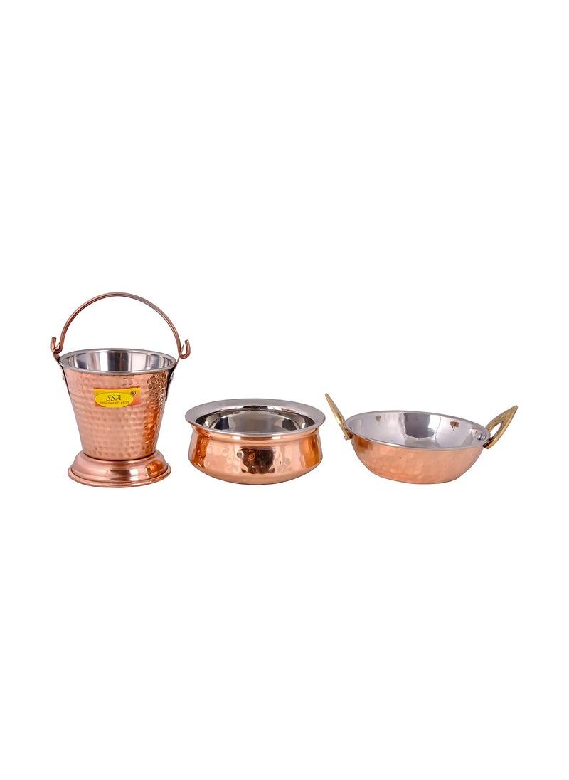 SHIV SHAKTI ARTS Copper Tableware Serving Set - Dinnerware Combo (1 Bucket, 1 Kadhai, 1 Handi), 3 Pieces