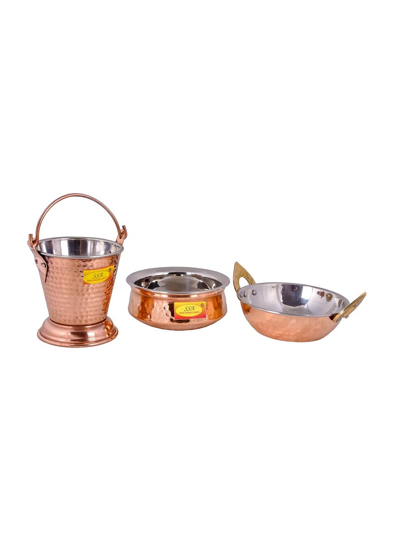 SHIV SHAKTI ARTS Copper Tableware Serving Set - Dinnerware Combo (1 Bucket, 1 Kadhai, 1 Handi), 3 Pieces