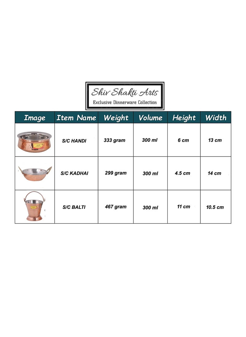 SHIV SHAKTI ARTS Copper Tableware Serving Set - Dinnerware Combo (1 Bucket, 1 Kadhai, 1 Handi), 3 Pieces
