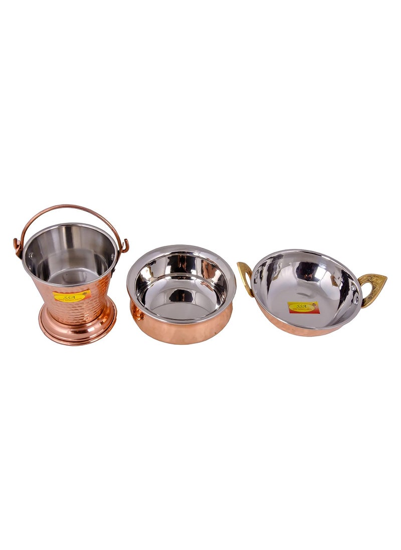 SHIV SHAKTI ARTS Copper Tableware Serving Set - Dinnerware Combo (1 Bucket, 1 Kadhai, 1 Handi), 3 Pieces