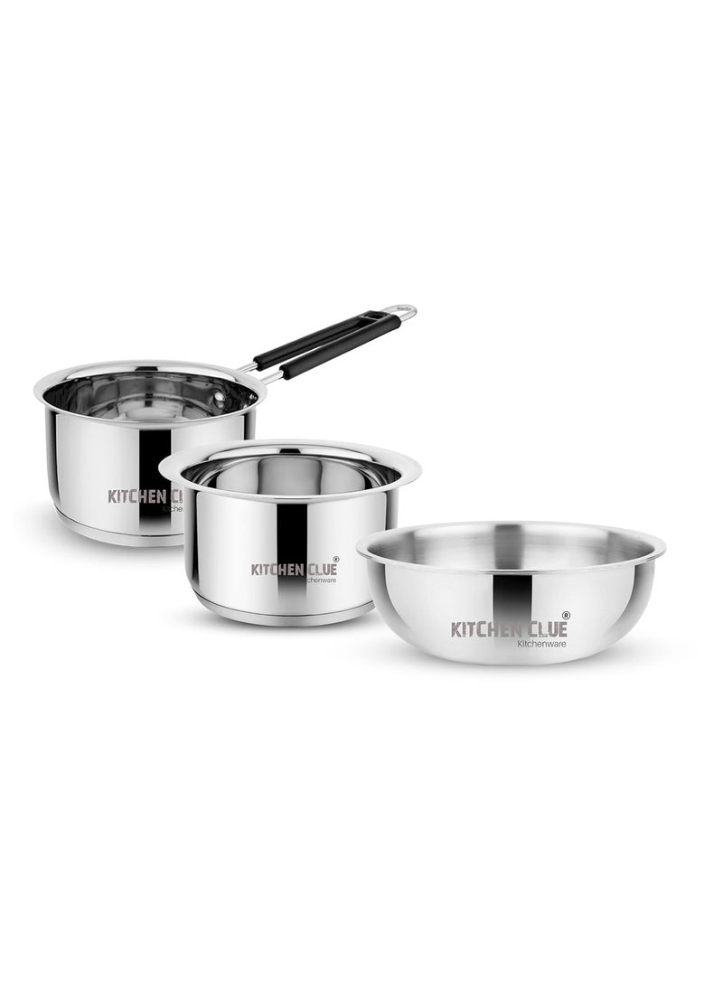 KITCHEN CLUE Tri-ply Stainless Steel Cookware Set - Tasla (1500 ML), Sauce Pan (1600 ML) & Milk Tope/Patila (1600 ML) - Induction Compatible with Encapsulated Sandwich Bottom - Essential Cooking Set