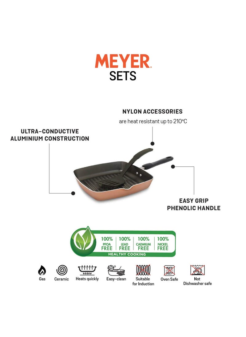 Meyer Aluminium Non-Stick 2-Piece Cookware Set, Grill-pan with Turner (Not Suitable for Induction, Gold, Copper)