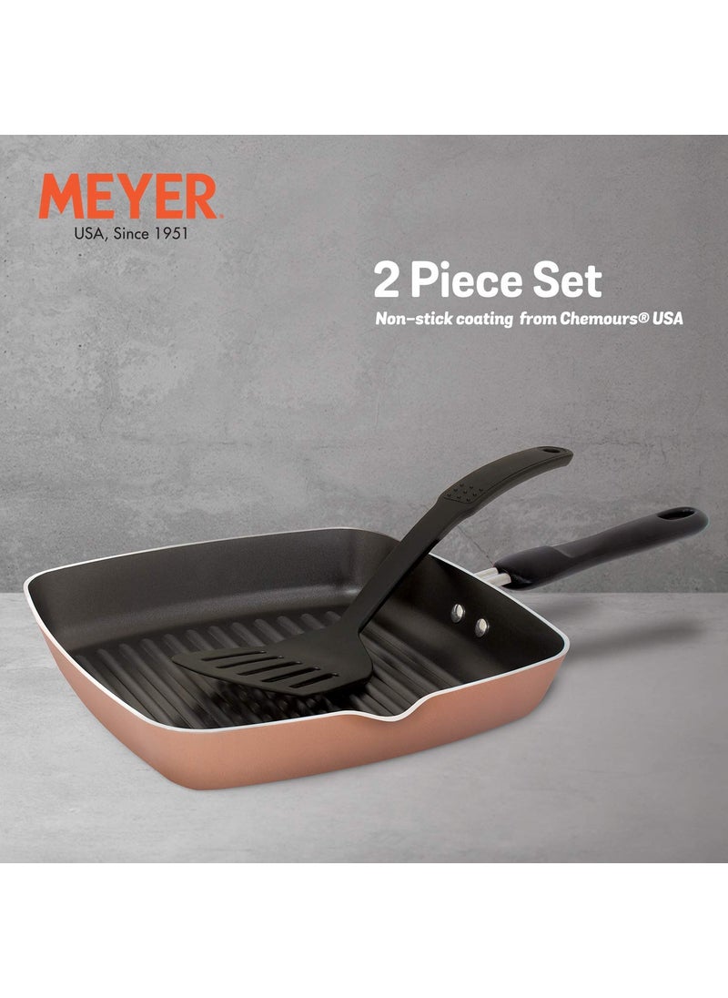 Meyer Aluminium Non-Stick 2-Piece Cookware Set, Grill-pan with Turner (Not Suitable for Induction, Gold, Copper)
