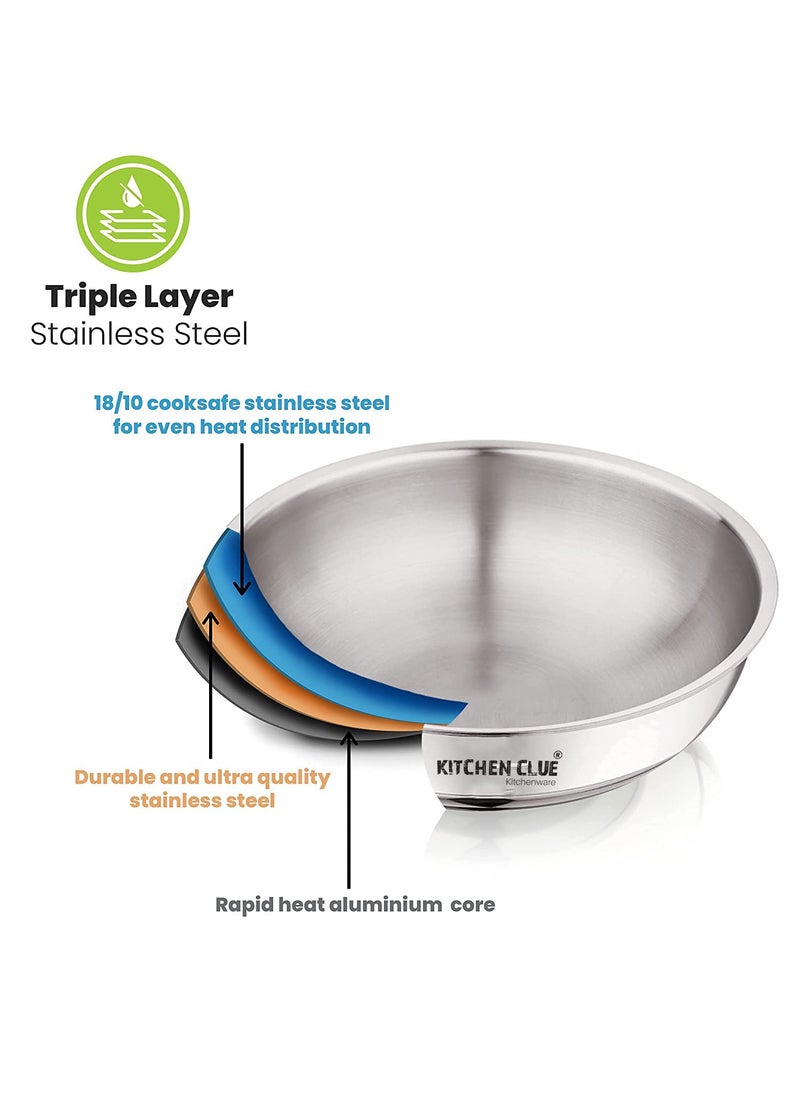 KITCHEN CLUE Stainless Steel Tri-Ply Tasla for Cooking, Doughing - 20 Cm, 1700 ML - Induction & Gastove Compatible - Heavy Duty Metal - Steel Tasla kadhai, Silver