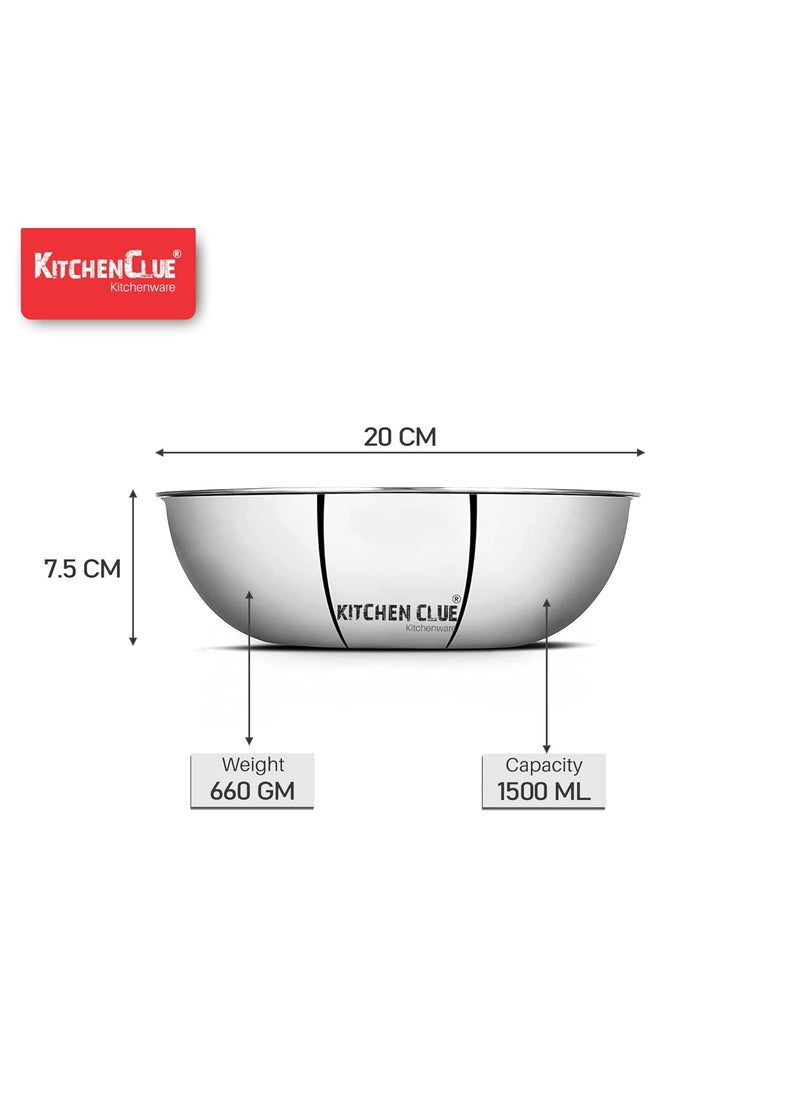 KITCHEN CLUE Heavy Guage Quality Steel Tasla for Kitchen - 20 CM, 1500 ML - Pack of 1 Pc - Induction & Gastove Compatible - Tri Ply Tasla for Cooking, Doughing - Highly Durable & Long Last Forever