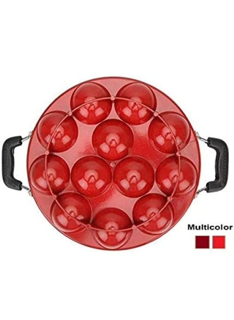 Seewarnya Non Stick 12 Cavity Aluminium Appam Patra Appam Pan/Ponganal Pan Paniyaram Pan (Aluminium - Red - Paniyaram Pan Non Stick - Appam Pan Non Stick with Lid)