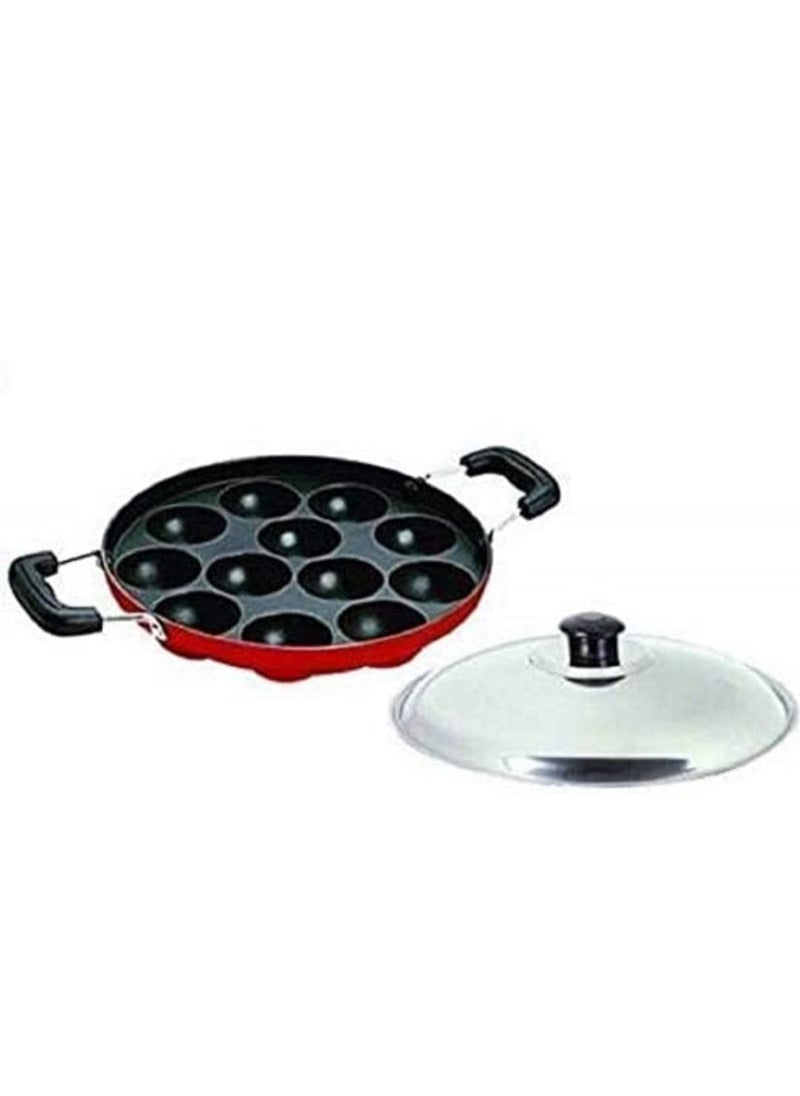 Seewarnya Non Stick 12 Cavity Aluminium Appam Patra Appam Pan/Ponganal Pan Paniyaram Pan (Aluminium - Red - Paniyaram Pan Non Stick - Appam Pan Non Stick with Lid)