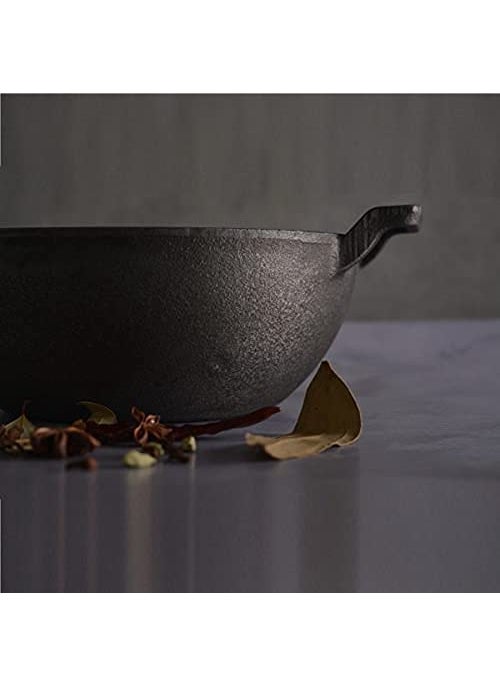 ATEVON Pre-Seasoned Cast Iron Kadai, 9 Inch, 1.5 kg, Gas Compatible, Non-Stick
