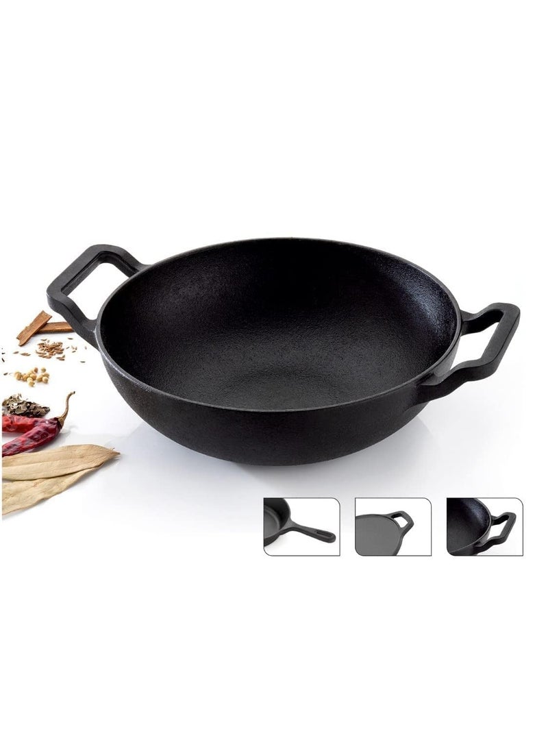 ATEVON Pre-Seasoned Cast Iron Kadai, 9 Inch, 1.5 kg, Gas Compatible, Non-Stick