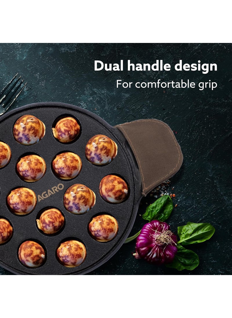 AGARO Royal Pre-Seasoned Cast Iron Paniyaram Pan, 15 pits (4cm x 2cm Each), No Chemical Coating, Rigid Handle, Fast Heating, Gas Oven Compatible, Appe, Gunta Ponganalu, Paddu, Kuzhi & Litti