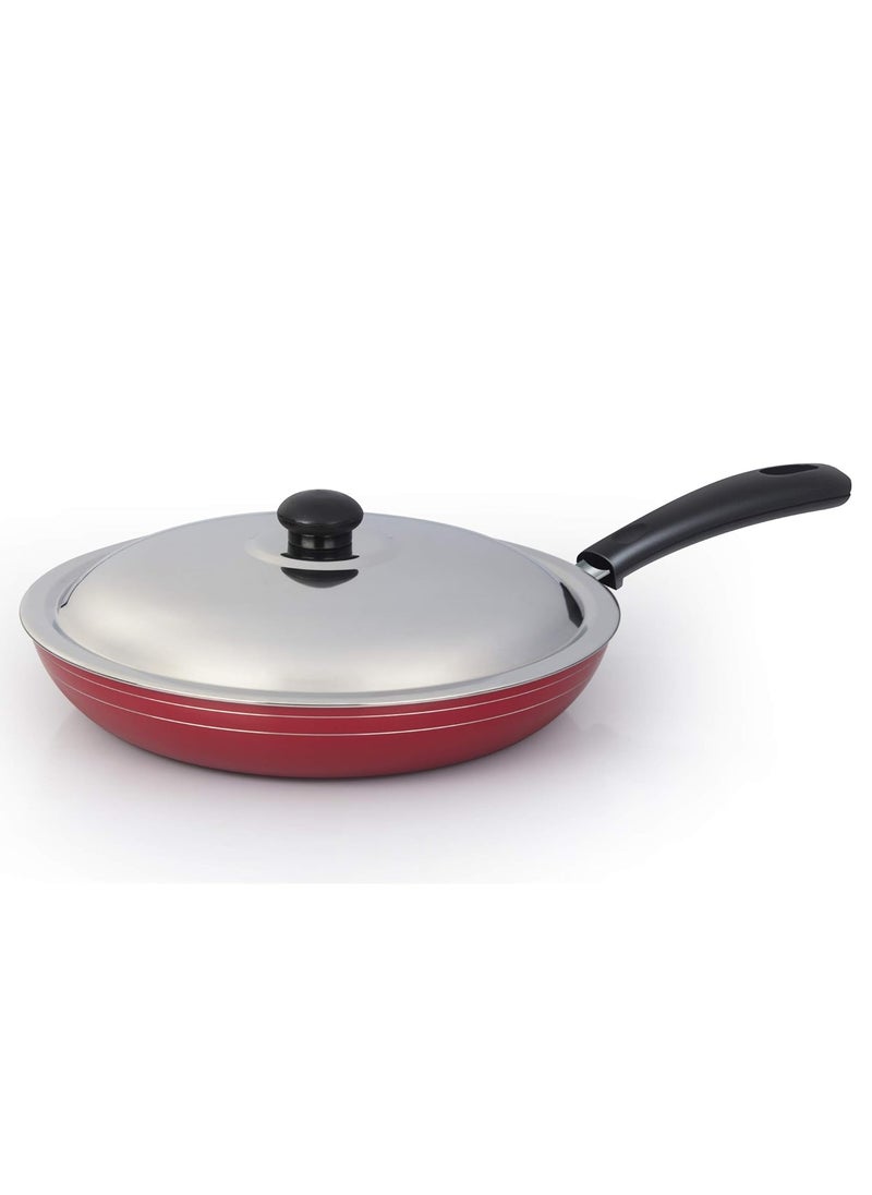 Gabry Aluminum Induction Based Nonstick Frypan (Large,Red, 28cm) with Free SS Lid, Spatula and Scrubber, Dishwasher Safe and Metal Spoon Friendly