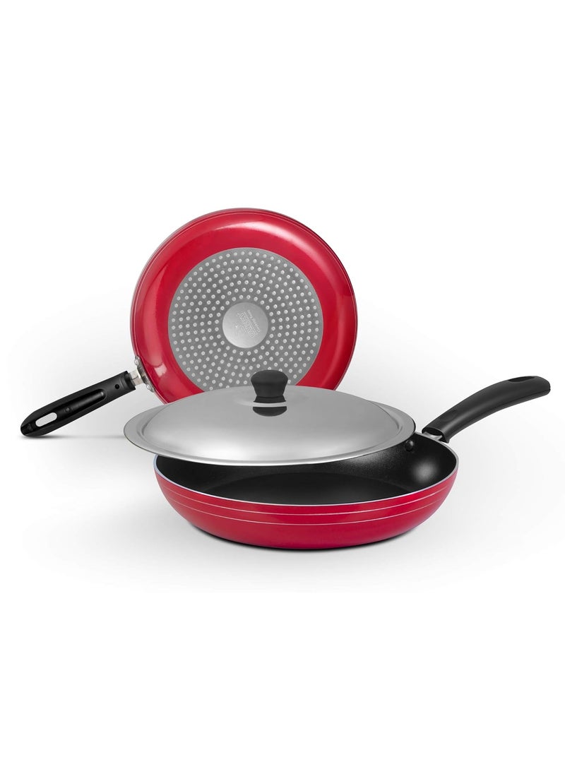 Gabry Aluminum Induction Based Nonstick Frypan (Large,Red, 28cm) with Free SS Lid, Spatula and Scrubber, Dishwasher Safe and Metal Spoon Friendly