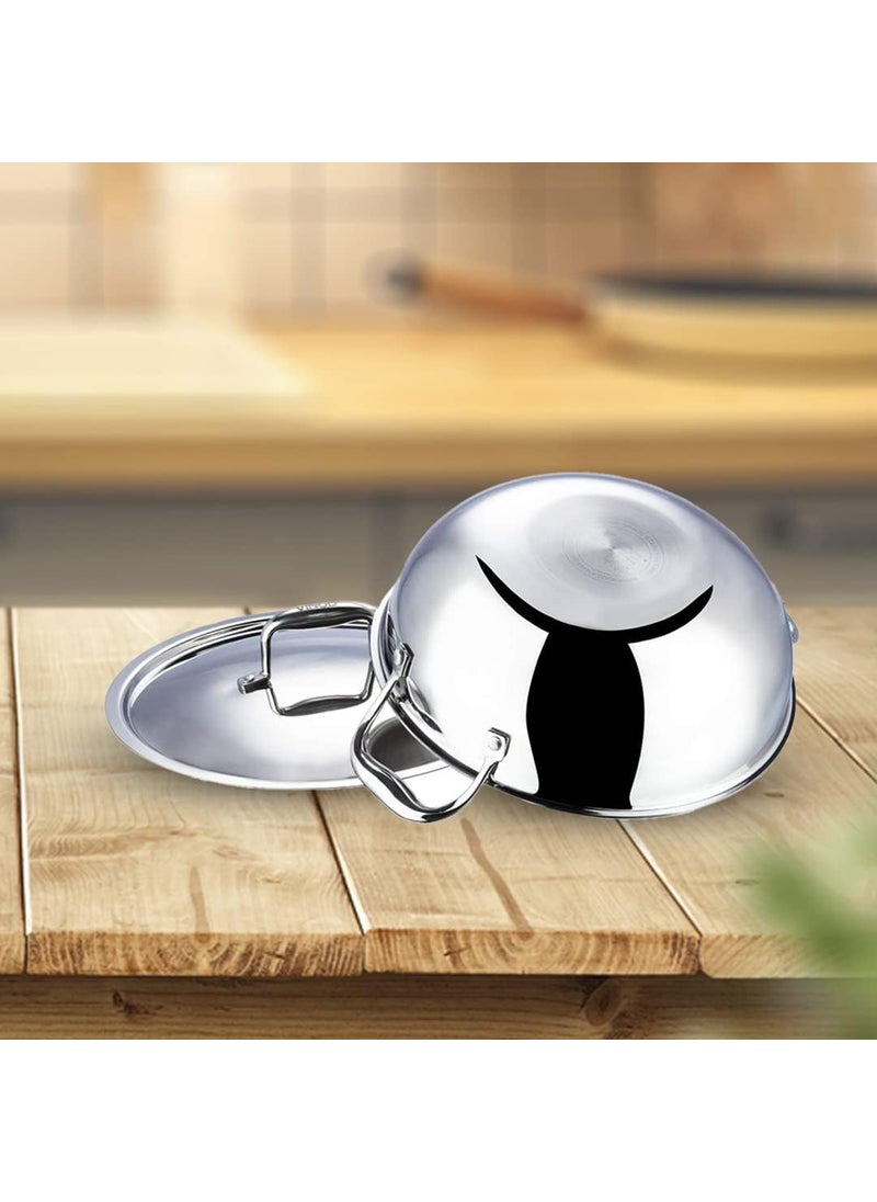 Kuber Industries XtraDeluxe Deep Frying 1.6 Liters Triply Stainless Steel Kadai for Cooking with Lid | Induction Compatible Kadhai/Cookware for Kitchen | Has Cool Touch Riveted Handles | SS - Silver