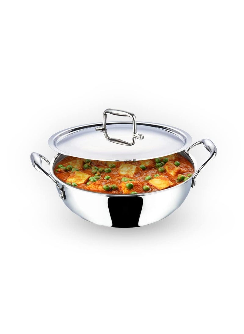 Kuber Industries XtraDeluxe Deep Frying 1.6 Liters Triply Stainless Steel Kadai for Cooking with Lid | Induction Compatible Kadhai/Cookware for Kitchen | Has Cool Touch Riveted Handles | SS - Silver