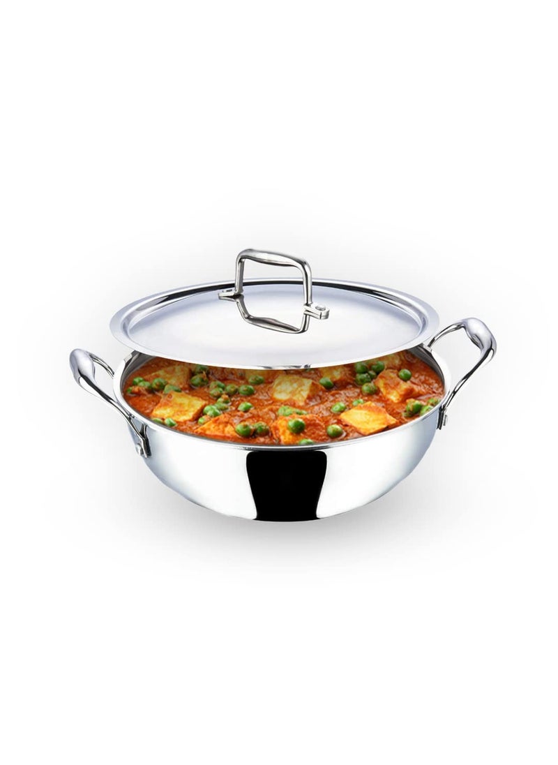 Kuber Industries XtraDeluxe Deep Frying 1.6 Liters Triply Stainless Steel Kadai for Cooking with Lid | Induction Compatible Kadhai/Cookware for Kitchen | Has Cool Touch Riveted Handles | SS - Silver