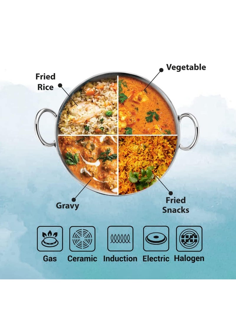 Kuber Industries XtraDeluxe Deep Frying 1.6 Liters Triply Stainless Steel Kadai for Cooking with Lid | Induction Compatible Kadhai/Cookware for Kitchen | Has Cool Touch Riveted Handles | SS - Silver