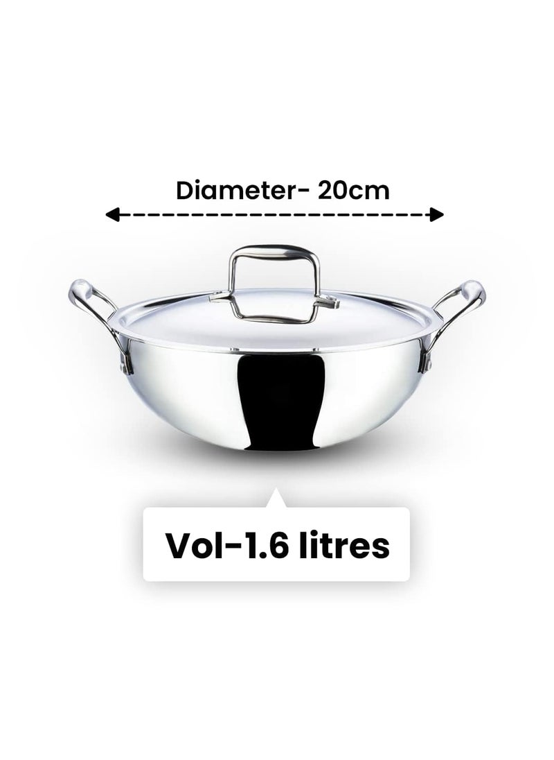 Kuber Industries XtraDeluxe Deep Frying 1.6 Liters Triply Stainless Steel Kadai for Cooking with Lid | Induction Compatible Kadhai/Cookware for Kitchen | Has Cool Touch Riveted Handles | SS - Silver