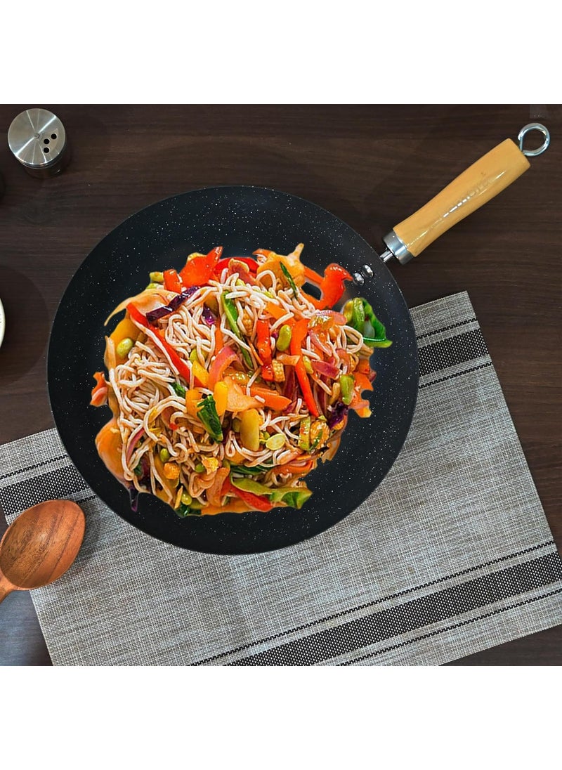 Femora Carbon Steel Deep Fry Khadai/Wok 30 CM with Wooden Handle, 3 Layer Non-Stick Coating Kadhai/Wok, Heat Resistant Coating, Black, Pack of 1