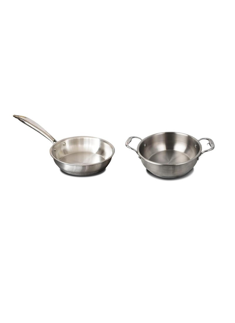 Femora Triply Stainless Steel 2 Pc Cookware Set, 20 cm Frypan, 22 cm Kadhai, Even and Fast Heating, Induction Bottom, Gas Ready, Silver