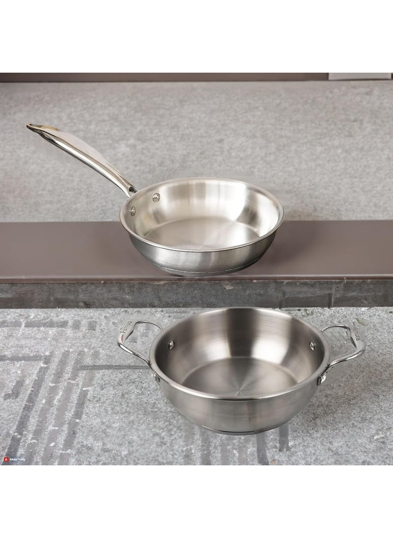 Femora Triply Stainless Steel 2 Pc Cookware Set, 20 cm Frypan, 22 cm Kadhai, Even and Fast Heating, Induction Bottom, Gas Ready, Silver
