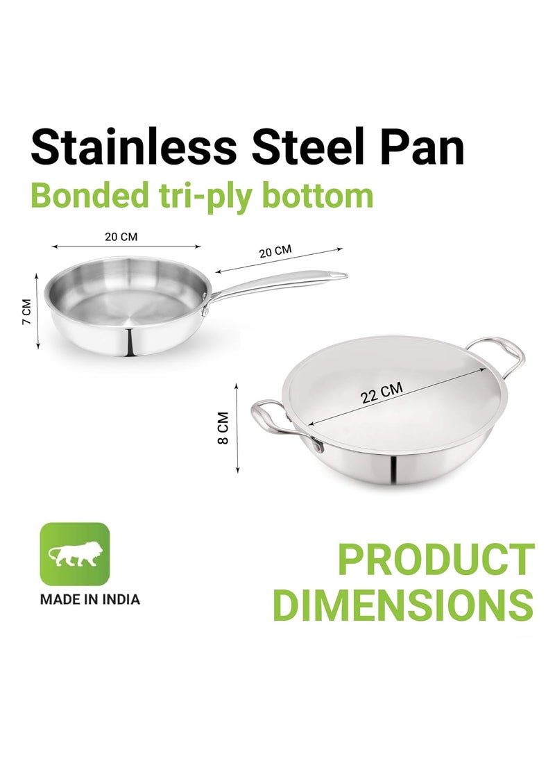 Femora Triply Stainless Steel 2 Pc Cookware Set, 20 cm Frypan, 22 cm Kadhai, Even and Fast Heating, Induction Bottom, Gas Ready, Silver