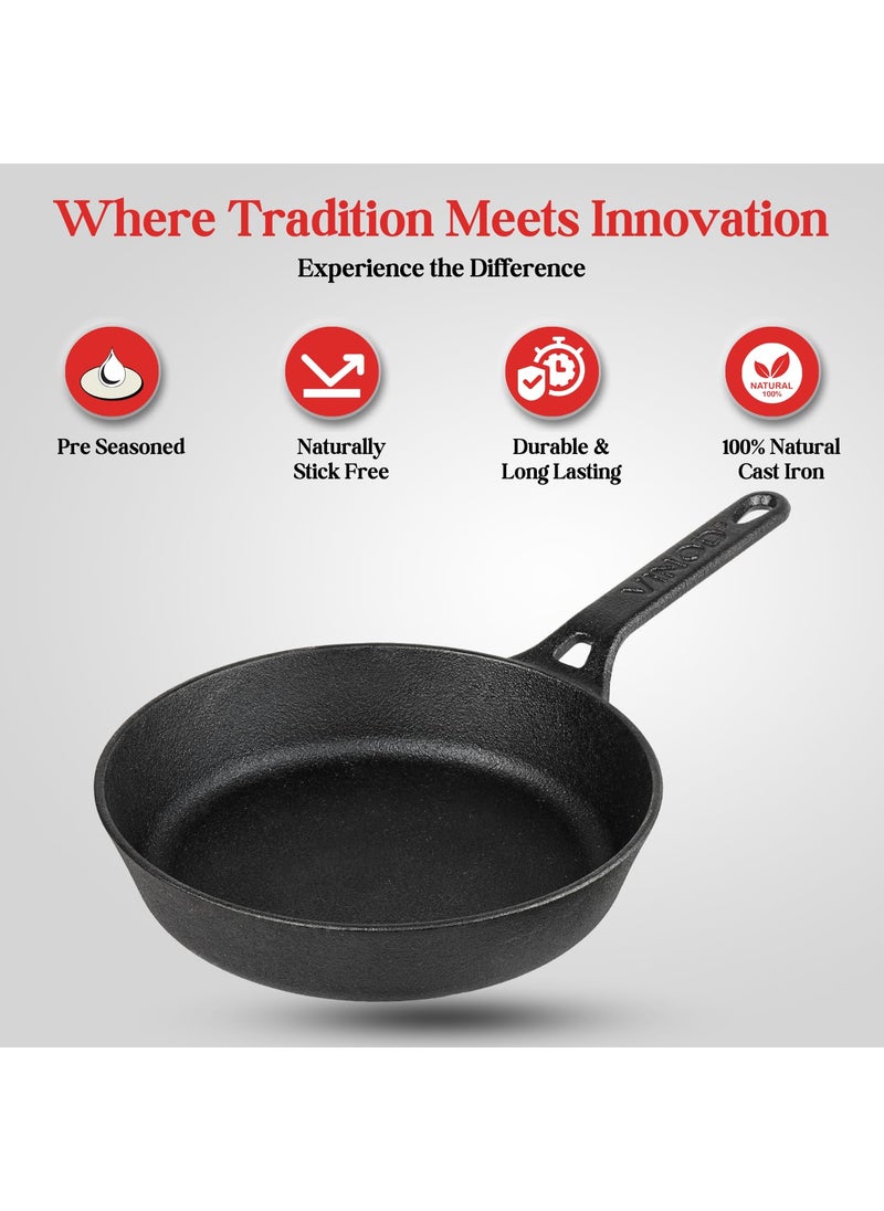 Vinod Legacy Pre Seasoned Cast Iron/Loha Frypan - 24 cm | Naturally Non Stick Skillet Pan for Frying | 100% Pure | Toxin Free, Enamel Free | Rust Proof | Gas Base