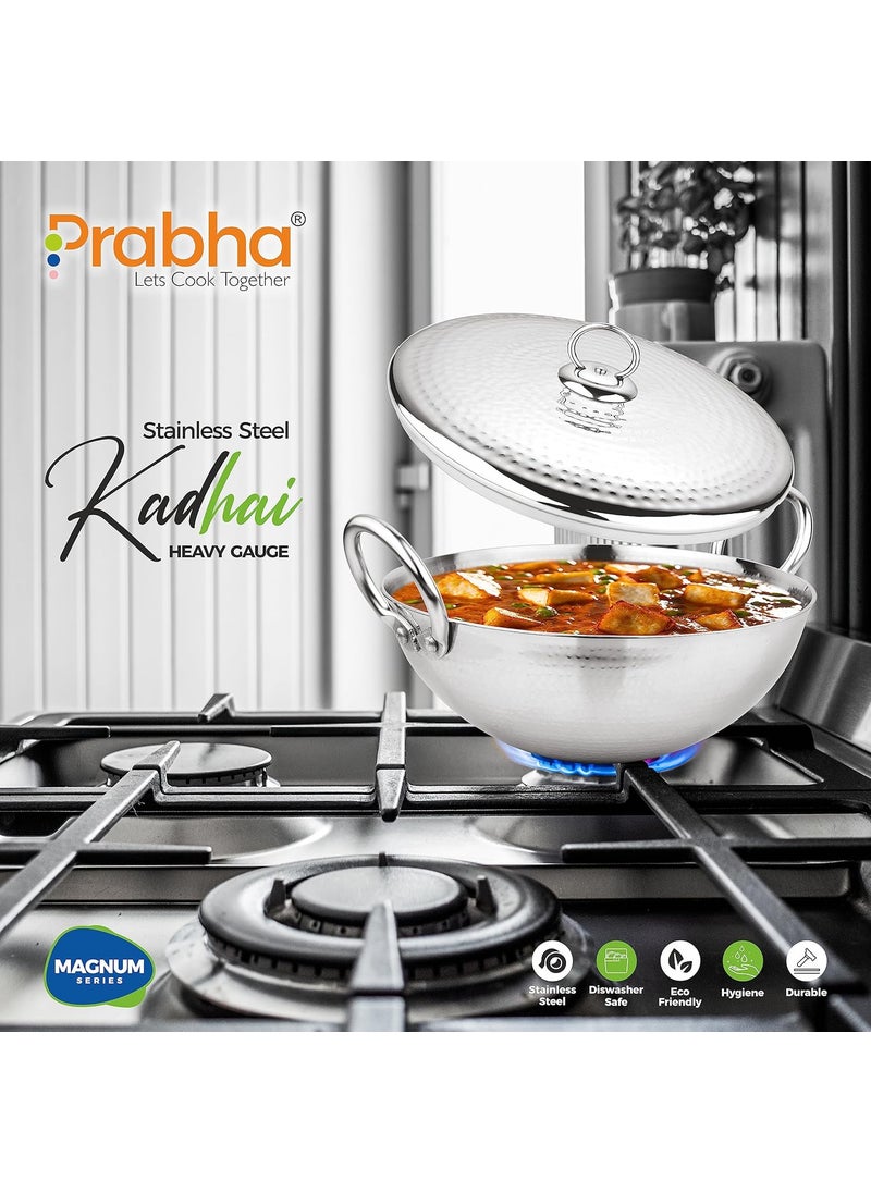 Prabha Stainless Steel Heavy Gauge Hammered Finish Kadhai, Kadai with Lid, Capacity 1.3 L, Size 200 MM, Compatible with Gas Stove